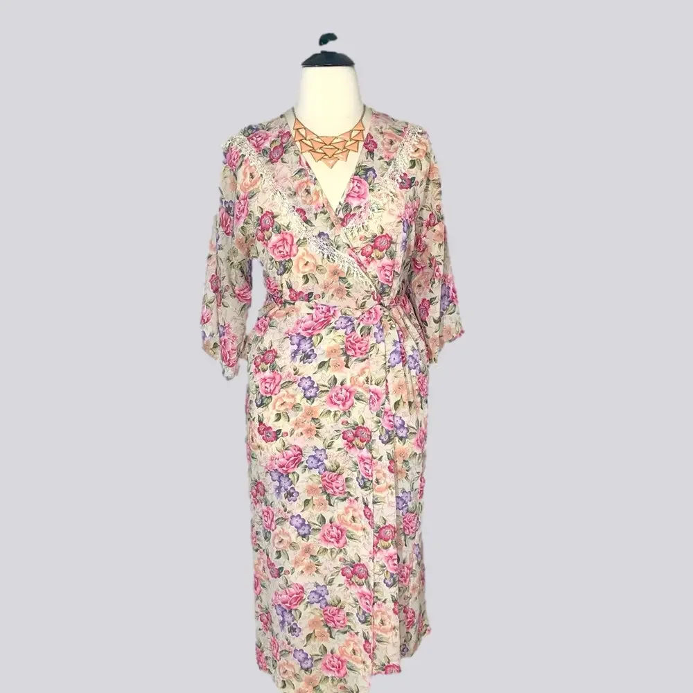 Vintage Dresses | Vintage 80s 90s Floral Roses Chiffon Wrap Dress M L | Color: Cream/Pink | Size: M | Tazmaniand's Closet